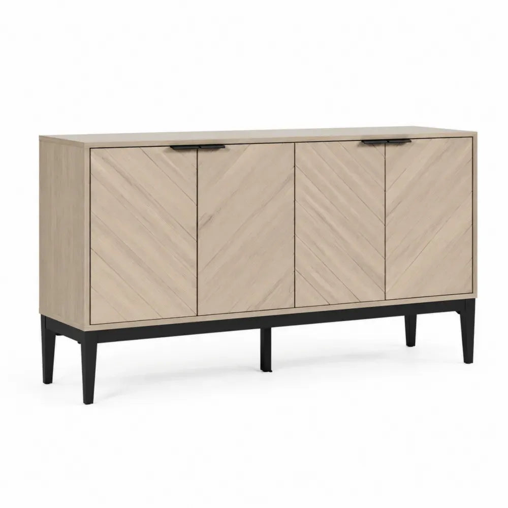 Sideboard 4 Türen 160 x 40 x 80 cm melaminbeschichtete Spanplatte Stahl rechteckig Eiche hell schwarz