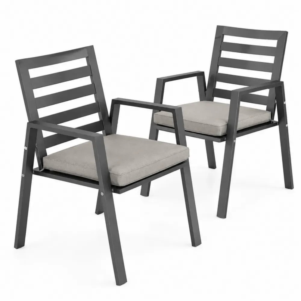 Gartenstuhl Esszimmerstuhl 2er Set mit Armlehnen 63 x 65 x 90 cm pulverbeschichtetes Aluminium Polyester Dunkelgrau Taupe