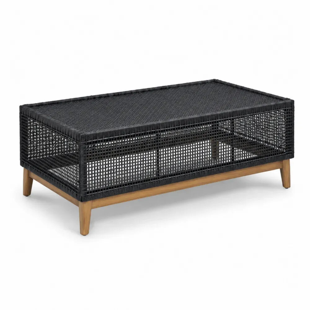 Rechteckiger Café-Tisch PE-Rattan Akazienholz Stahl Schwarz Natur 120 x 60 x 45 cm