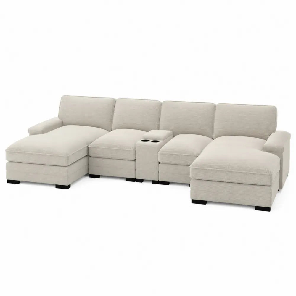 Wohnlandschaft Modulsofa mit Doppelottomane Mittelkonsole 4-Sitzer U-Form Polyester-Cord Kiefernholz Sperrholz Cremebeige Schwarz 330 x 170 x 86 cm