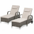Sonnenliege 2er Set verstellbar mit Armlehnen und Rollen 200 x 72 x 100 cm PE-Rattan Aluminium Polyester Grau-Braun Beige