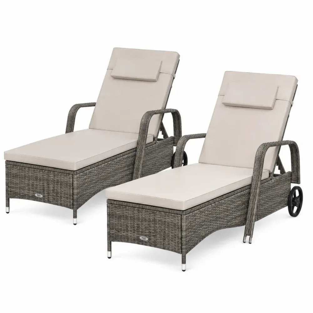 Sonnenliege 2er Set verstellbar mit Armlehnen und Rollen 200 x 72 x 100 cm PE-Rattan Aluminium Polyester Grau-Braun Beige