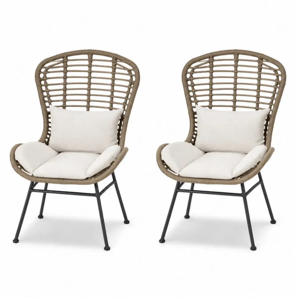 Gartenstuhl Esszimmerstuhl 2er Set mit Kissen Schalenform 72 x 73 x 110 cm PE-Rattan Stahl Polyester Beige Cremeweiß Schwarz