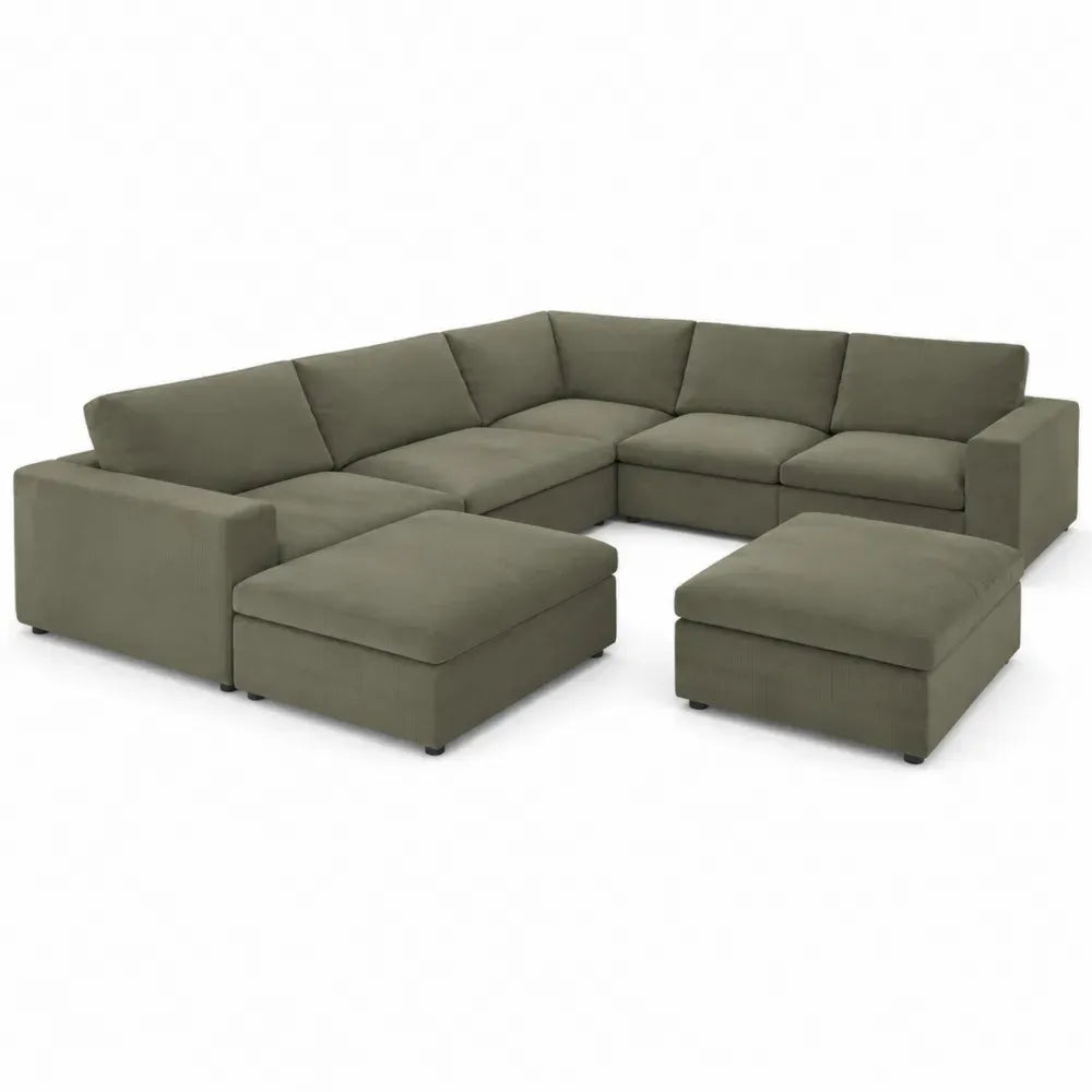 Wohnlandschaft Modulsofa mit Ottomane Hocker 5-Sitzer 335 x 250 x 86 cm Polyester-Cord Kiefernholz L-Form olivgrün schwarz