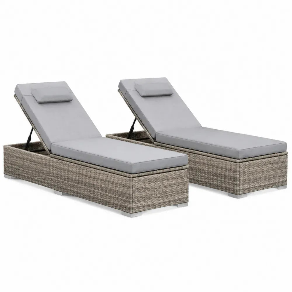 2er Set Gartenliegen Sonnenliegen mit verstellbarer Rückenlehne PE-Rattan Polyesterpolster rechteckig Graubeige Hellgrau je 200 x 72 x 82 cm