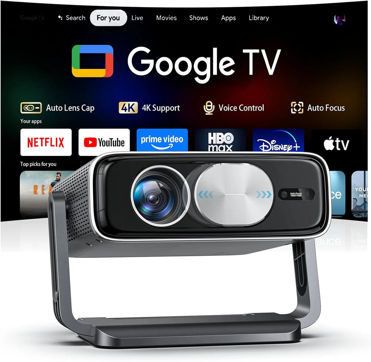 Google 1080P WiFi6 Smart TV, Fernseher, 4K UHD, tragbar, Outdoor, WLAN, Full HD, 2500ANSI】 Beamer 4K Heimkino mit Autofokus & 6D Trapezkorrektur
