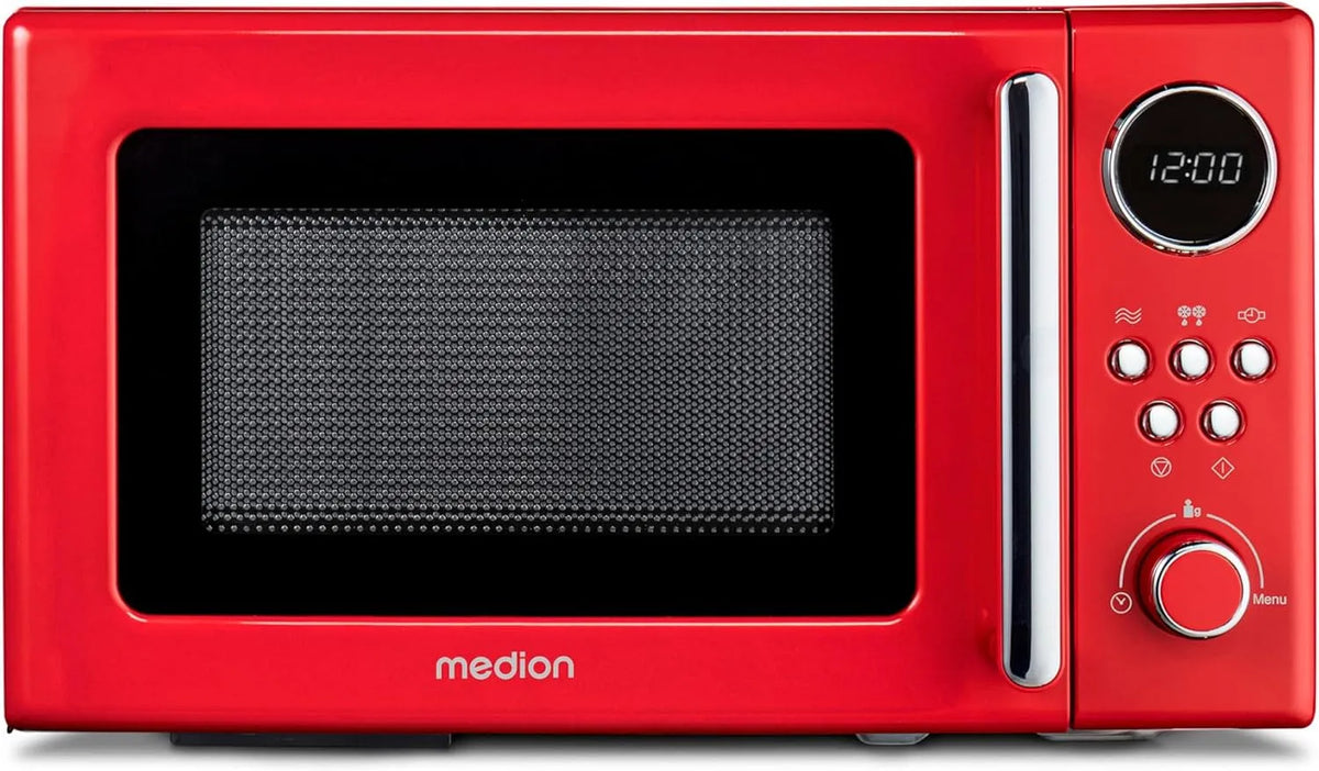 Mikrowelle MD15000, 20 L, Auftaufunktion, Mikrowellenofen, Rot, 800 Watt, 8 Automatikprogramme, 5 Mikrowellenstufen, MEDION Retro Mikrowelle klein