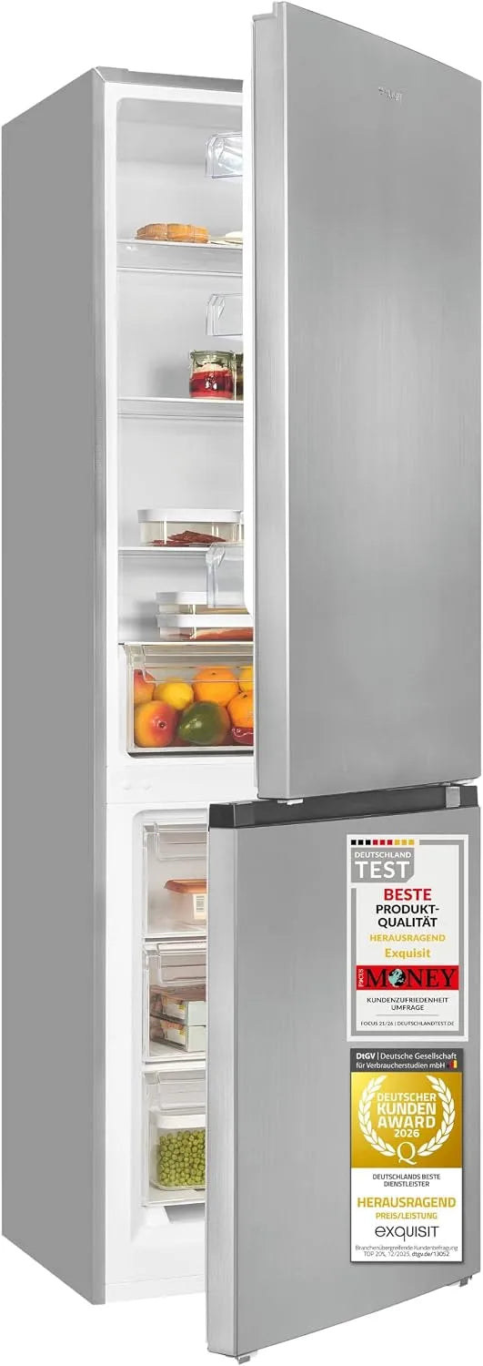 Exquisit Kühl-Gefrierkombination, 315 L, Energieklasse C, Edelstahl, Kühlschrank mit Gefrierfach, Inoxlook, 185 cm