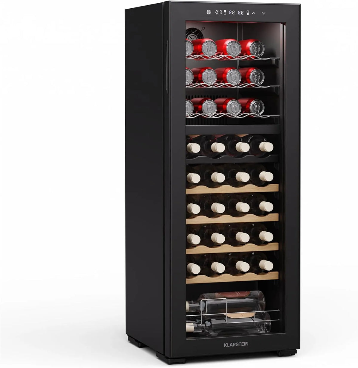 Klarstein Weinkühlschrank, 36 Flaschen, 5 bis 18 °C, LED-Beleuchtung, freistehend, Touch-Bedienung, 2 Zonen, UV-Schutz, Weinklimaschrank