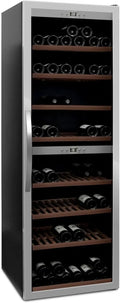 Weinkühlschrank, 180 Flaschen, 5 bis 20 °C, 2 Temperaturzonen, Glas, freistehend, zwei Zonen 5-20°C, WineExpert 180 Stainless, Buchenholzregale auf