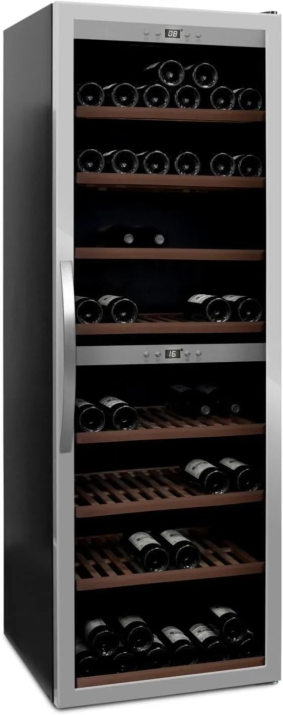 Weinkühlschrank, 180 Flaschen, 5 bis 20 °C, 2 Temperaturzonen, Glas, freistehend, zwei Zonen 5-20°C, WineExpert 180 Stainless, Buchenholzregale auf