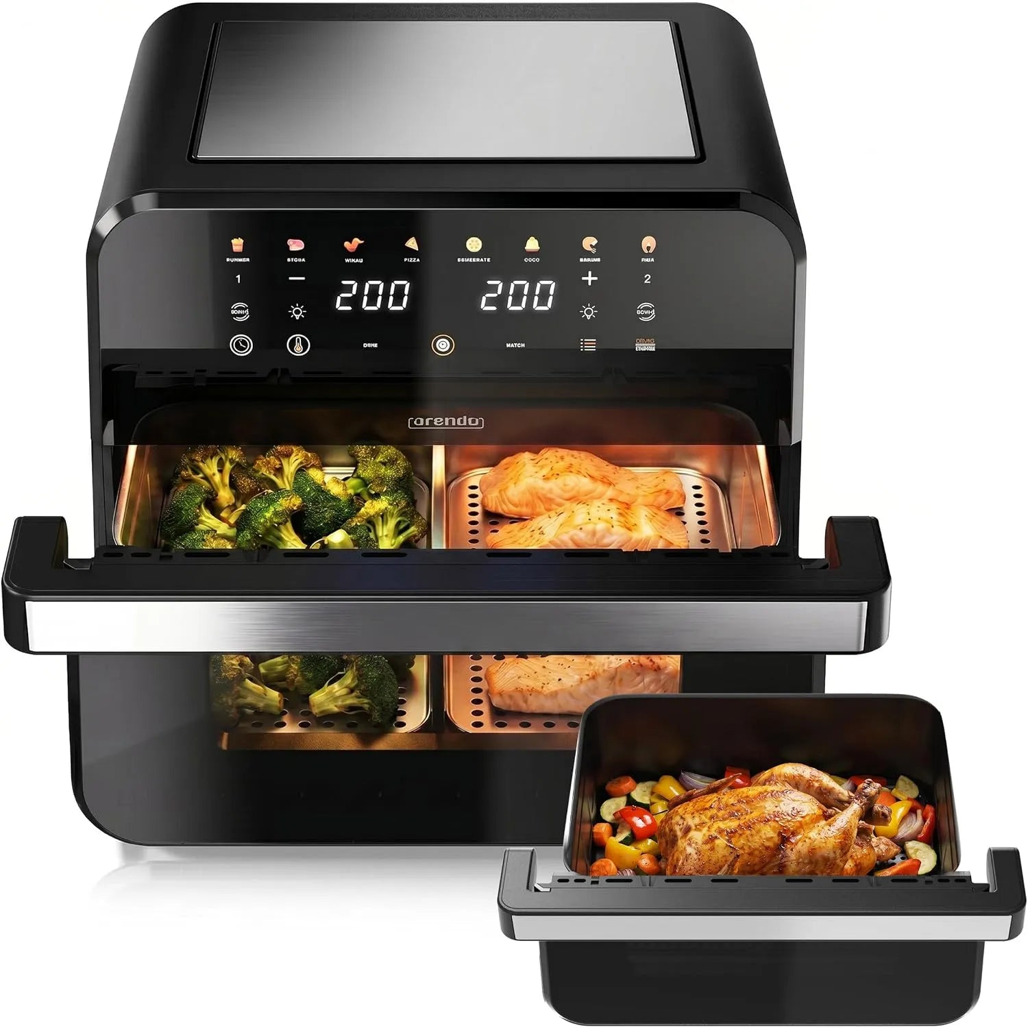 Elektrischer Pizzaofen, 12 L, Grill, 2 Kammern trennbar, 1 Kammer Match Funktion, Pizza Hähnchen Pommes