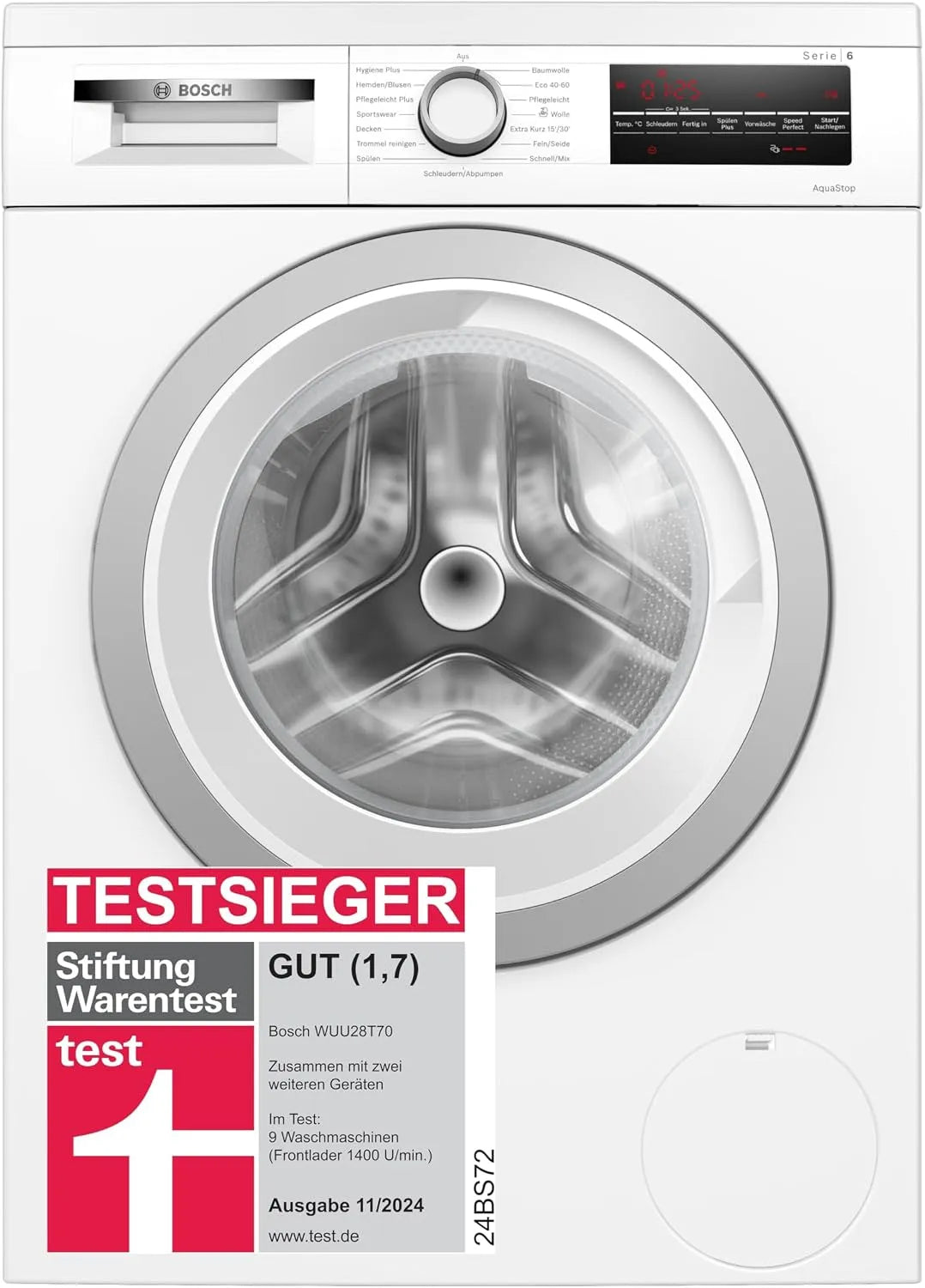 Bosch Serie 6 WUU28T70 Waschmaschine, 8 kg, Hygiene, leise, Weiß, schneller waschen mit SpeedPerfect, LED-Display, 1400 UpM, Hygiene Plus