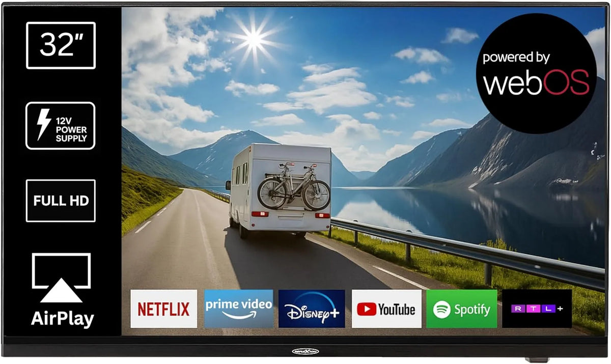 LG LDDx32IBT-Black Smart TV, 32 Zoll, Fernseher, webOS, Triple-Tuner DVB-T2, S2, WLAN, Bluetooth, Full HD, Camping, Schwarz, 12, 24, 230 Volt