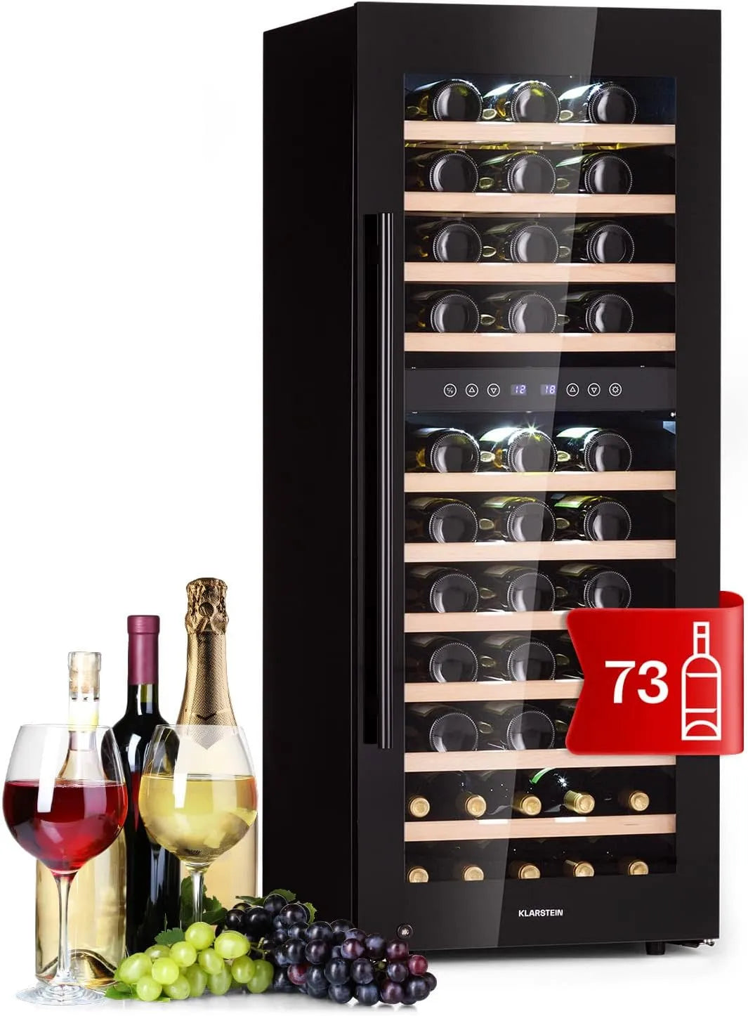 Klarstein Weinkühlschrank, 73 Flaschen, 5 bis 18 °C, Glas, schmal, freistehend, Outdoor, Kühlschrank Klein mit LED-Lichter, Indoor