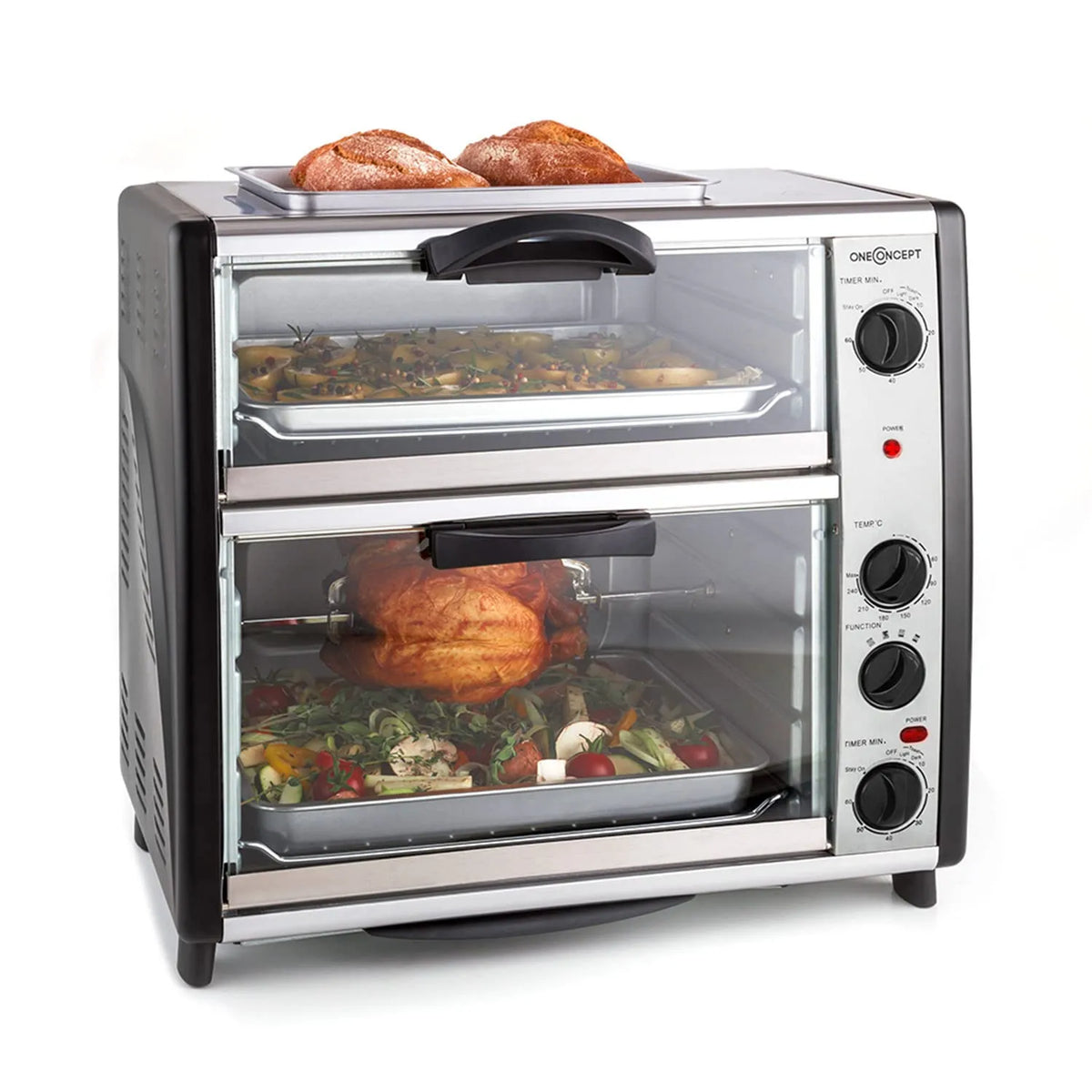 Backofen, 42 L, 2400 W, 60 bis 240 °C, Grill, 2 Temperaturzonen, Edelstahl, Silber, einstellbare Temperatur: 60-240°C, Grillplatte, oneConcept