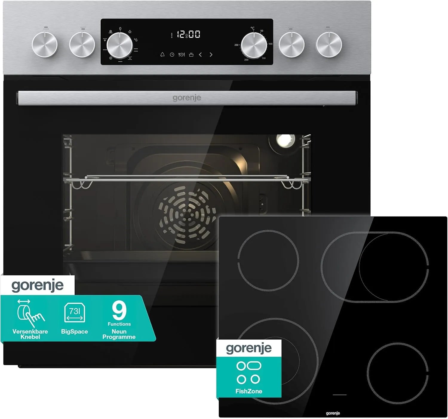 Gorenje Kochfeld, 60x56x58cm, 73 L, Einbau, 2 Temperaturzonen, Edelstahl, 250° max, 9 Funktionen, 73L, Heißluft, MultiAir Technologie, Bräterzone