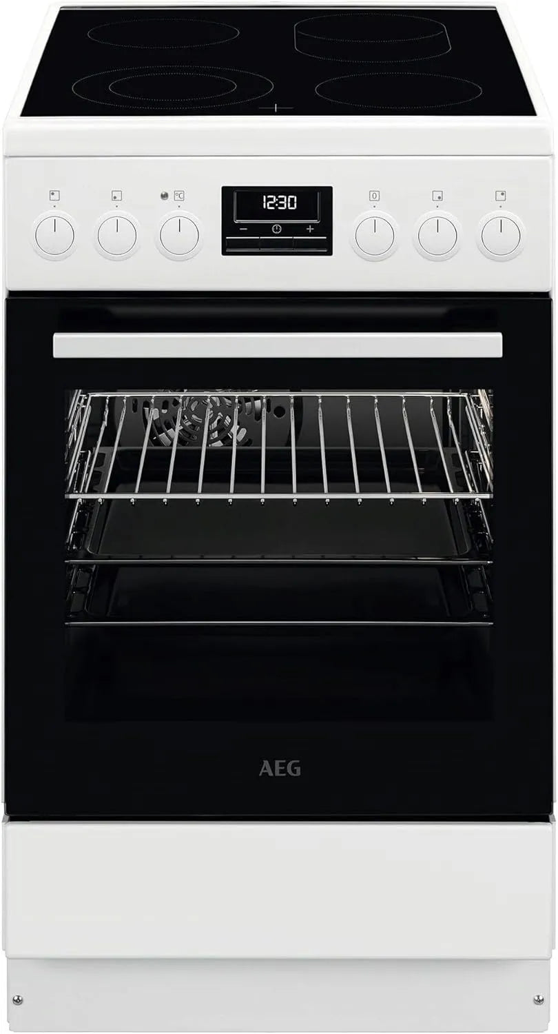 AEG CCB5449OBW Standherd mit Backofen, 50cm, Grill, Weiß, 1 Paar Teleskopschienen, AEG Standherd mit Glaskeramik-Kochfeld, Display mit Uhr