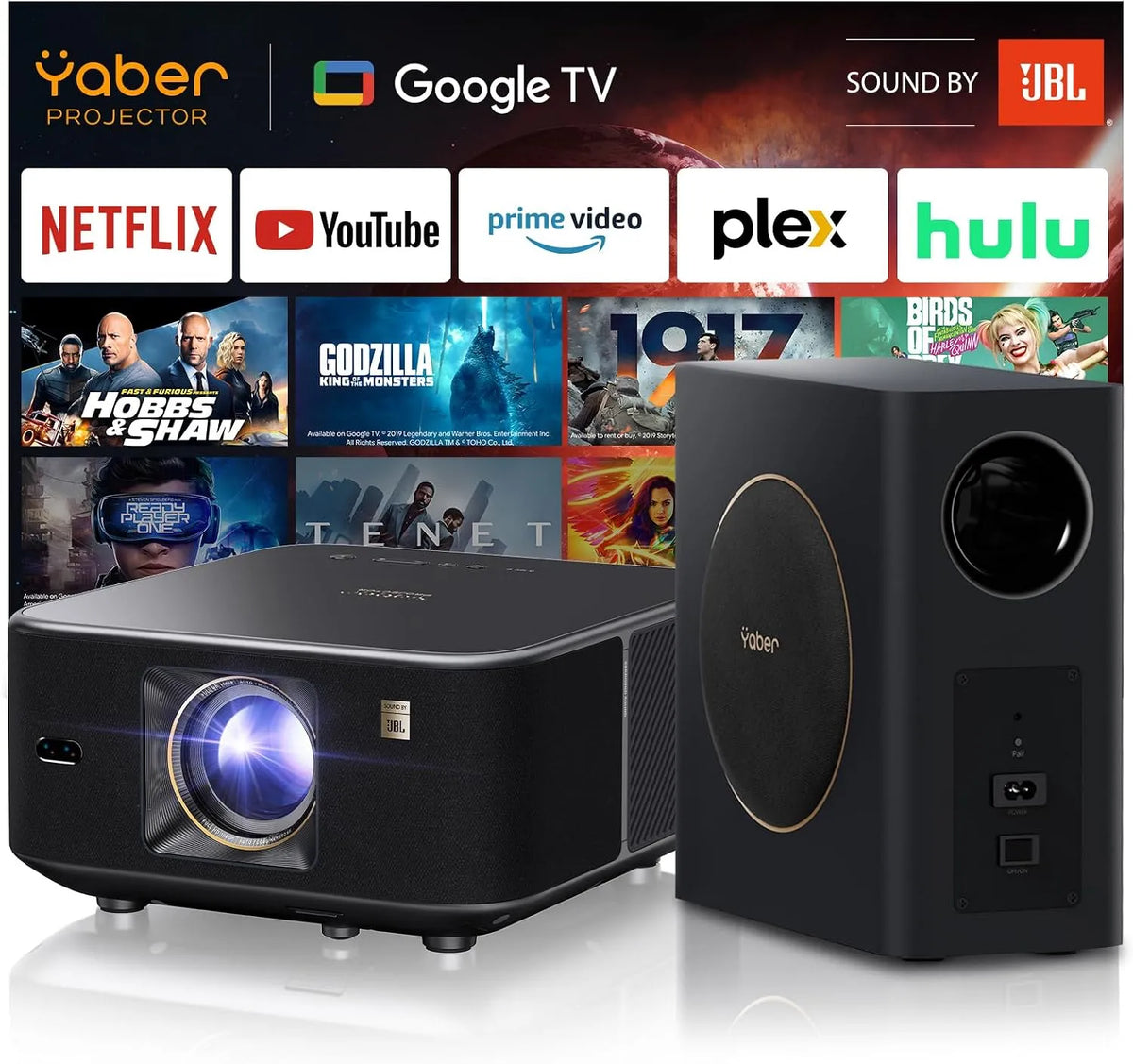Google WiFi6 7000+App Smart TV, Fernseher, Dolby Audio, Outdoor, WLAN, Bluetooth, 30W Lautsprecher Sound von JBL, Yaber K3 Pro Projektor mit Subwoofer