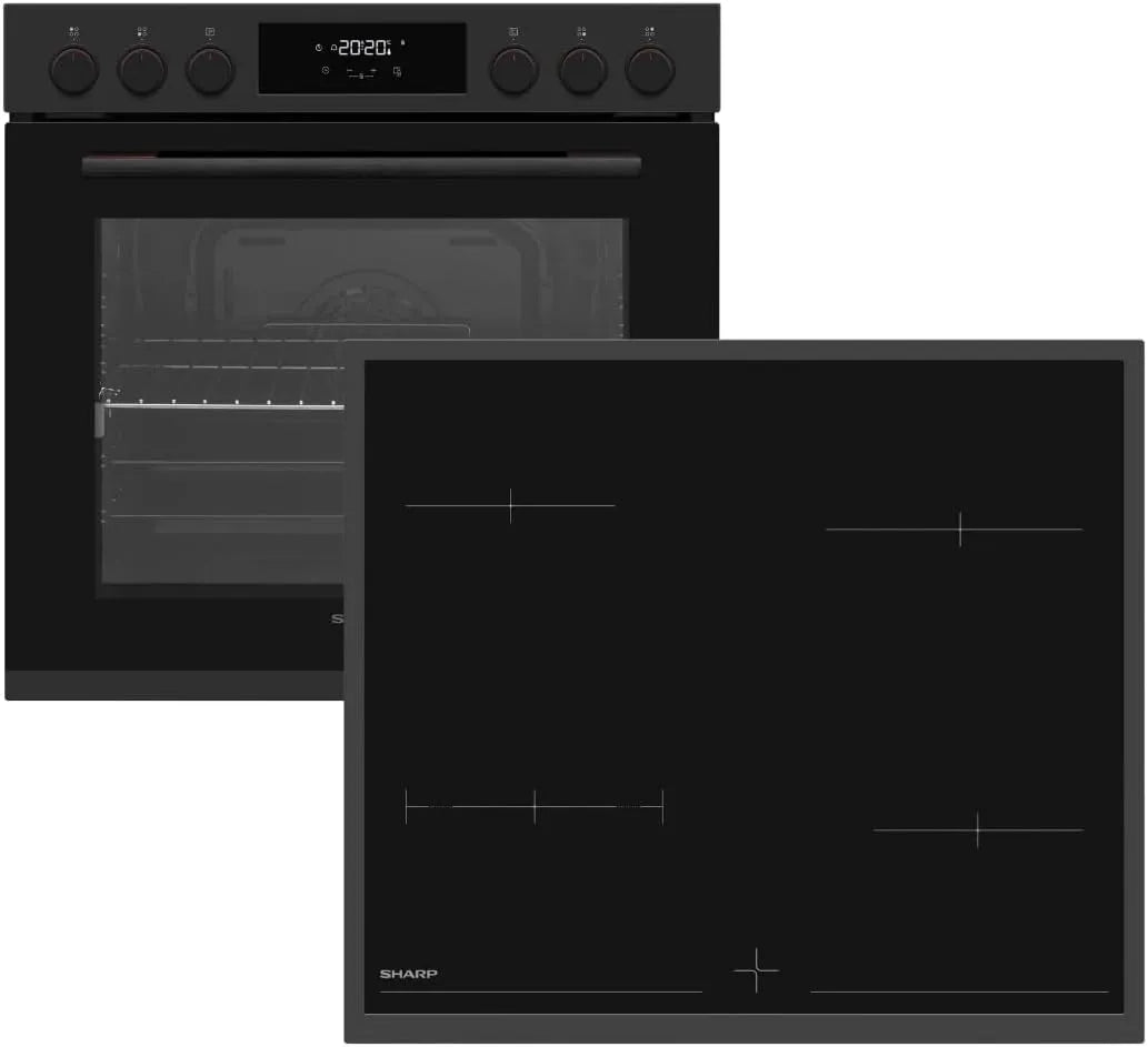 Sharp K-72P19BNH-EU Herdset mit Kochfeld und Backofen, 78 L, Einbau, Timer, Schwarz, versenkbare Knebel, 9 Beheizungsarten, Matt Schwarz, Heißluft