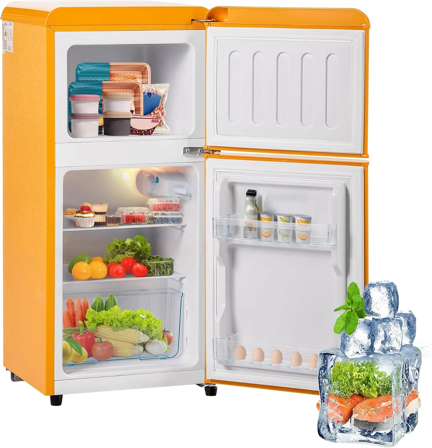 Kühlschrank, 38 L, 86, 8 x 45, 5 cm, Energieklasse E, LED-Beleuchtung, Gefrierfach, Retro Kühl mit 2 abnehmbaren Regalen, 22 Liter Gefrierteil