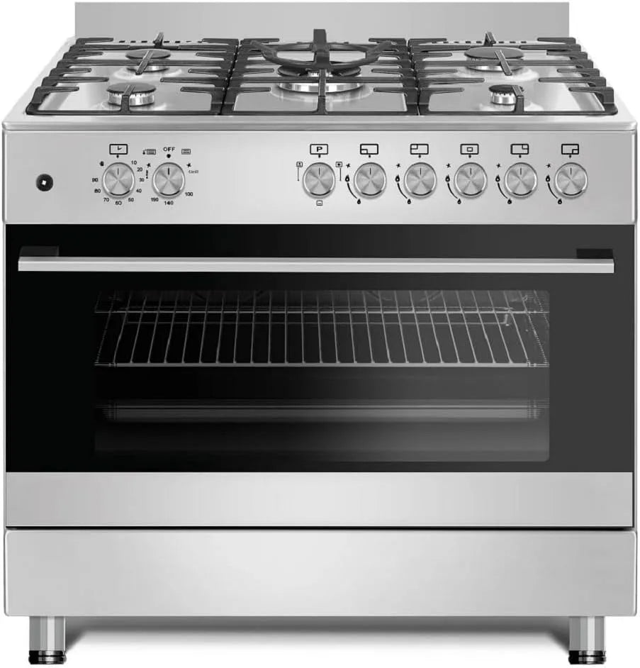 Gasherd mit Elektrobackofen, 90cm, Gasline GAG90GOINx, Grill, Edelstahl, 5 Flammig, elektrische Zündung und Vollzündsicherung Propan, Erdgas