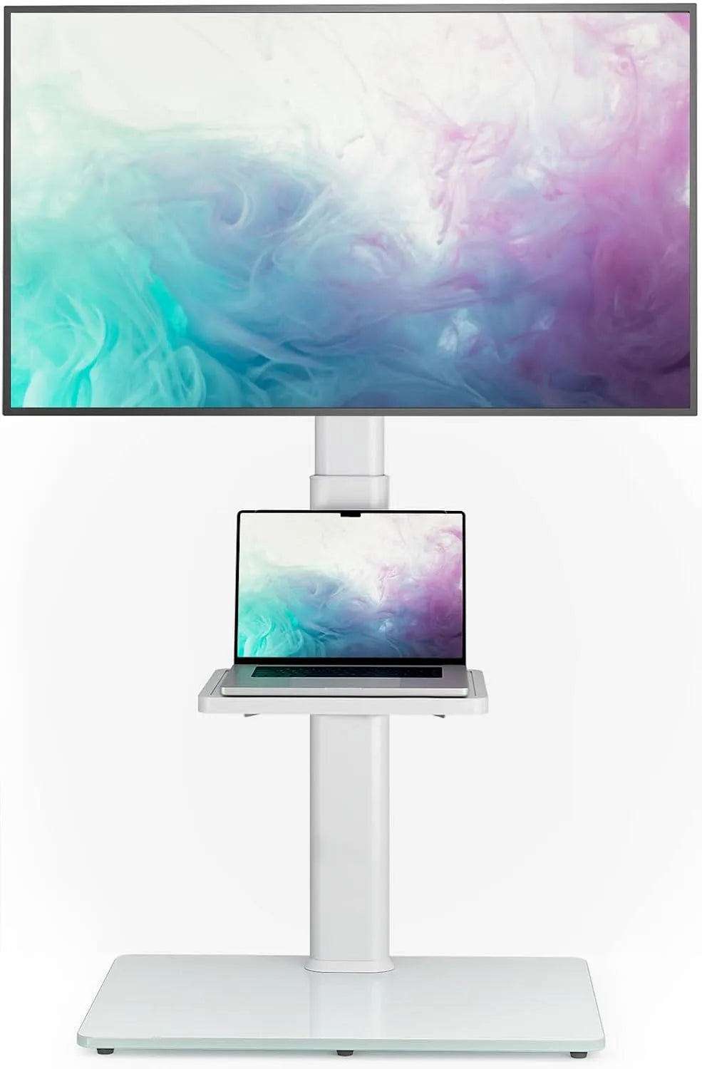 TV-Möbel, 65 Zoll, 400x400mm, Weiß, Fernsehstand Höhenverstellbar Schwenkbar Neigbar, TV Standfuß mit 2 Stufigen Ablagen, TV Ständer TV Bodenständer