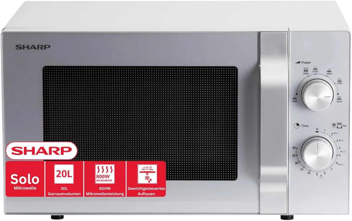 Sharp R204S Mikrowelle, 20 L, 800 W, Auftaufunktion, Mikrowellenofen, Silber, Sharp R204S Solo-Mikrowelle, 5 cm, 6 Leistungsstufen, Zeitschaltuhr von