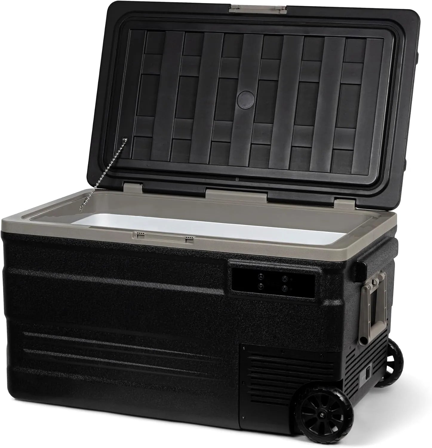 Elektrische Kühlbox 12V/24V, 230V, 74 L, 12 V, Gefrierfach, Auto, Camping, mobile Kühlbox, Schwarz, Steamy-E Single Zone 75 Roller, kompakter