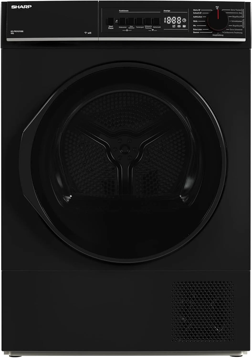 Sharp KD-PRO9S7GBB-DE 30-Minuten-Schnelltrockenprogramm Wäschetrockner, 9 kg, WLAN, Schwarz, 15 Trockenprogramme inkl, 9kg, WiFi