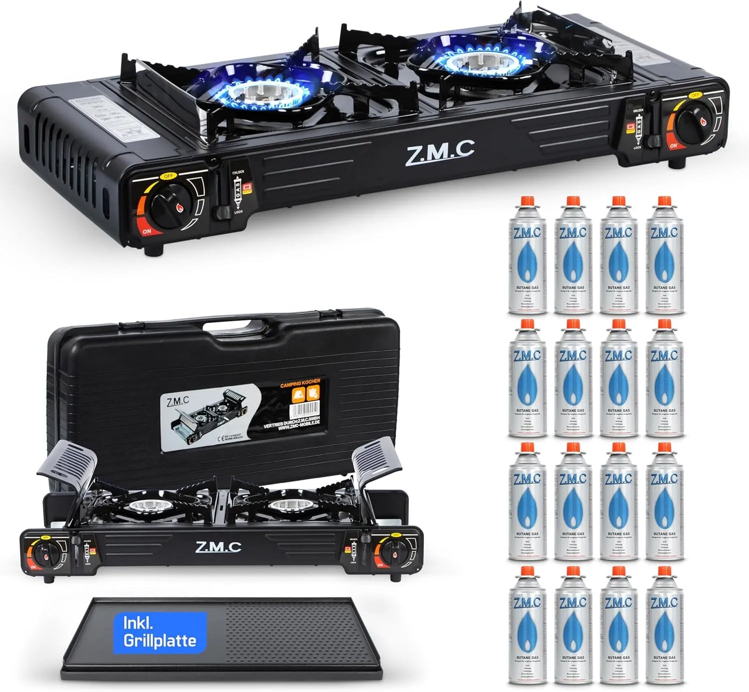 Campingkocher, ZMC 2-flammig, 5 kW mit Piezo-Zündung & TRANSPORTKOFFER