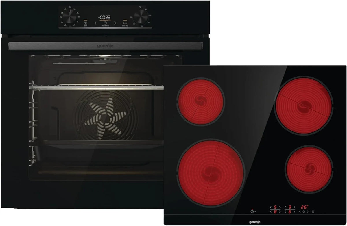 Gorenje ECT641BSC BO6735E02BK Elektrischer Pizzaofen, 77 L, Einbau, autark, Grill, Schwarz, Glaskeramik-Kochfeld, PerfectGrill, Pizzamode 300°C