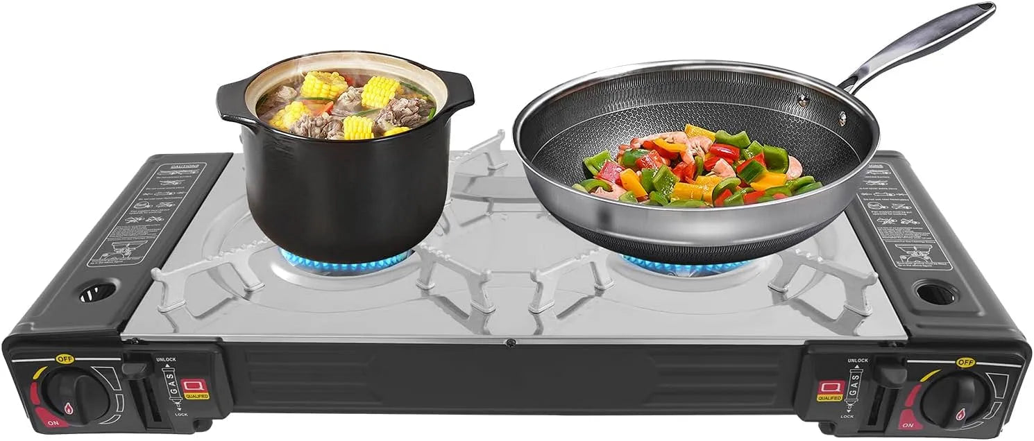 Campingkocher 2100-2500W, 45x24x2cm, 2500 W, tragbar, Outdoor, Grill, Antihaftbeschichtung, Antihaftbeschichtet, Camping Gaskocher mit 2 Brennern