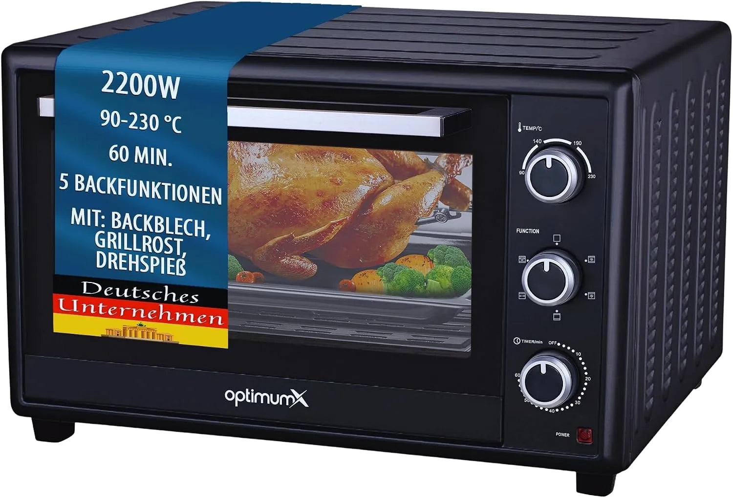 Backofen, 60 L, 2200 W, Optimumx, 2200W, Drehspieß, Anthrazit, Optimumx Minibackofen 60 Liter xxL mit Umluft