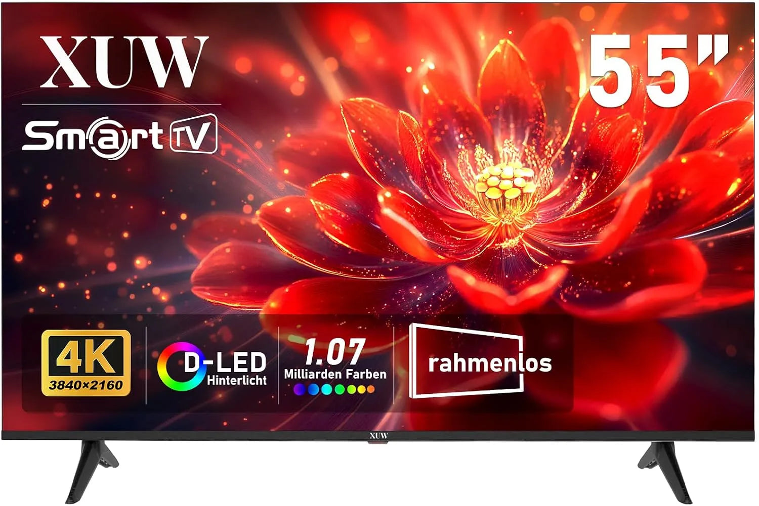 Smart TV HDMI-USB-DVB-T2/S2-RJ45-Schnittstelle, 55 Zoll, Fernseher, 4K UHD, Wohnzimmergestaltung, Schwarz, randloses Design, großer Bildschirm für