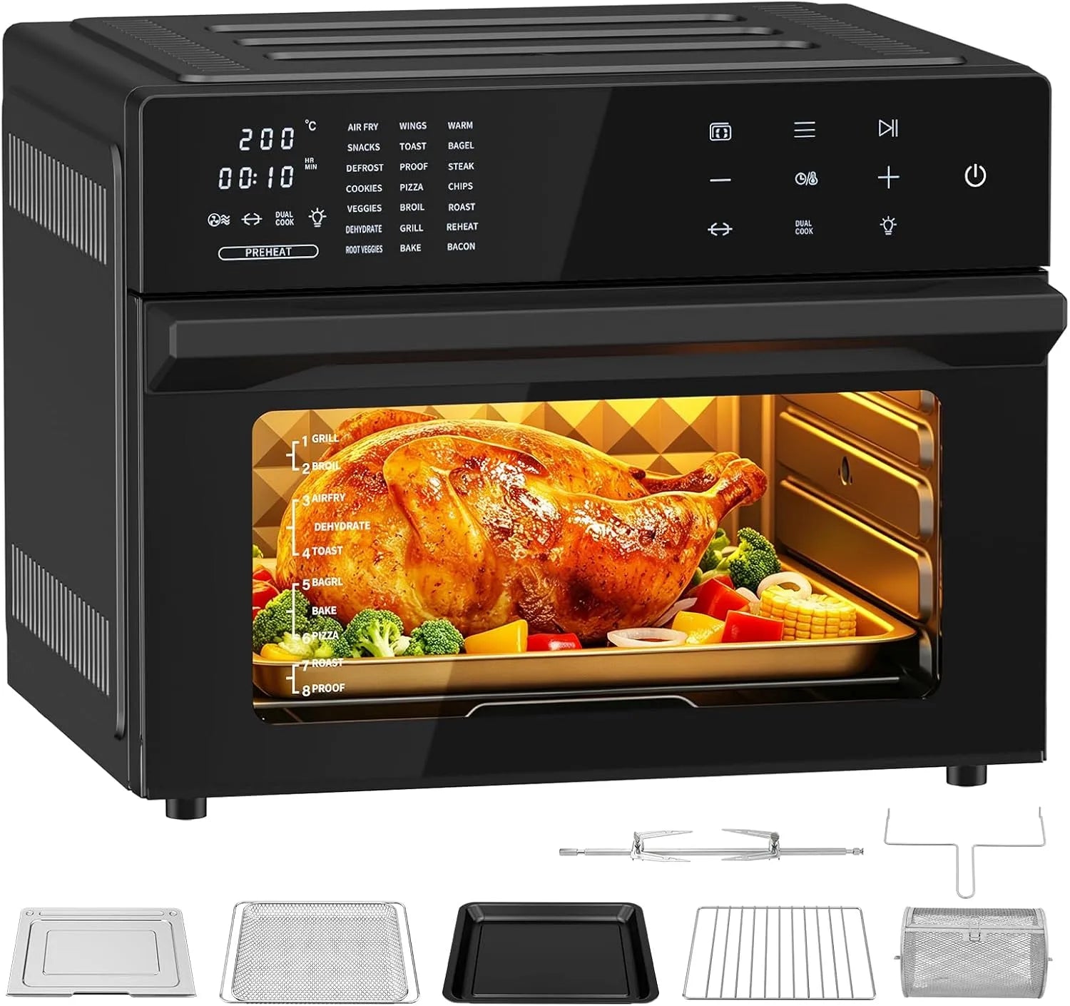 Heißluftfritteuse, 30 L, 1800 W, 21 Programme, Touch-Bedienung, Timer, Heißluftofen mit LED-Touchscreen, Rezeptbuch und 7 Zubehörteilen, 2 Kochmodi