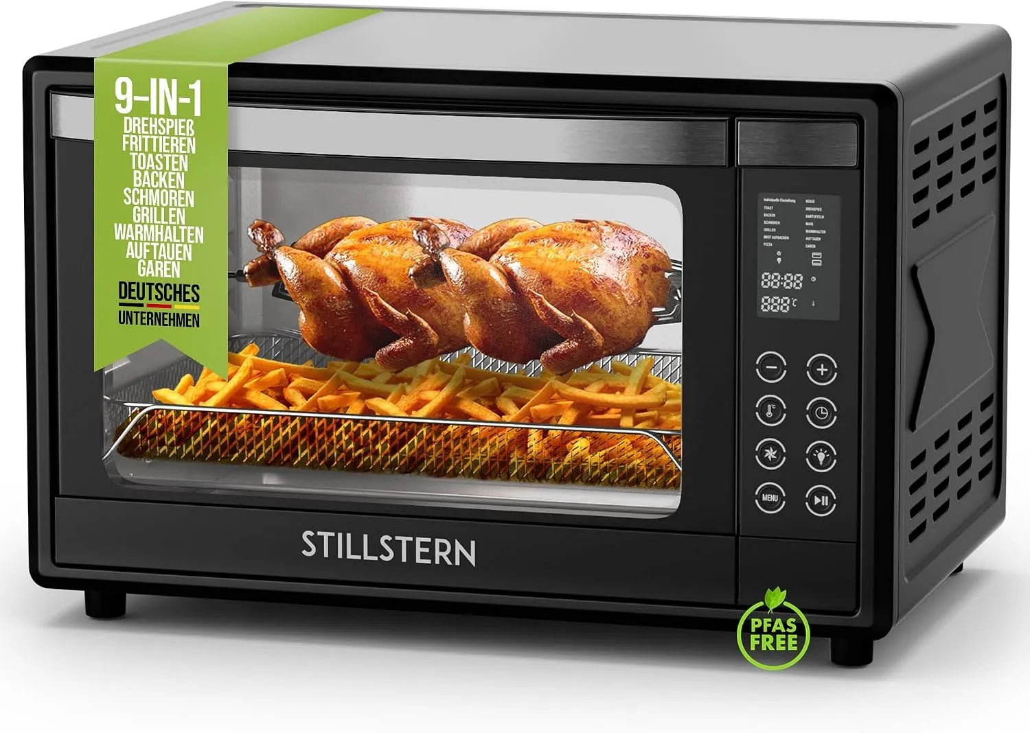 Elektrischer Pizzaofen, 28cm, 35 L, 13 Programme, Ø 28 cm, Timer, Warmhaltefunktion, Grill, kompakt, Antihaftbeschichtung, Auftaufunktion, Stillstern