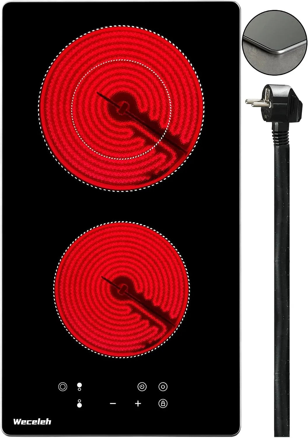 Glaskeramikkochfeld, 28 cm, 2 Kochzonen, 3200 W, 220 V, Einbau, autark, Schwarz, Herdplatte 2 Kochfelder, Kochplatte 220v mit Stecker, 2 Zonen