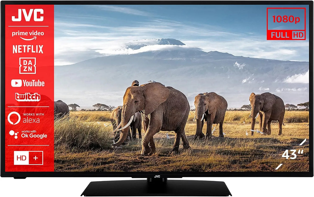 JVC LT-43VF5156 Smart TV, 43 Zoll, Fernseher, HDR, Bluetooth, Full HD, Schwarz, Triple-Tuner, 2023, 6 Monate HD+