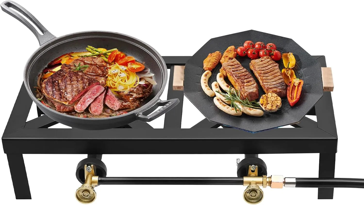 Campingkocher 0-10Psi, tragbar, Gusseisen, Doppelbrenner Campingkocher, Kocher mit Reglerschlauch & unabhängigen Steuerungen für BBQ, Kochen im Freien