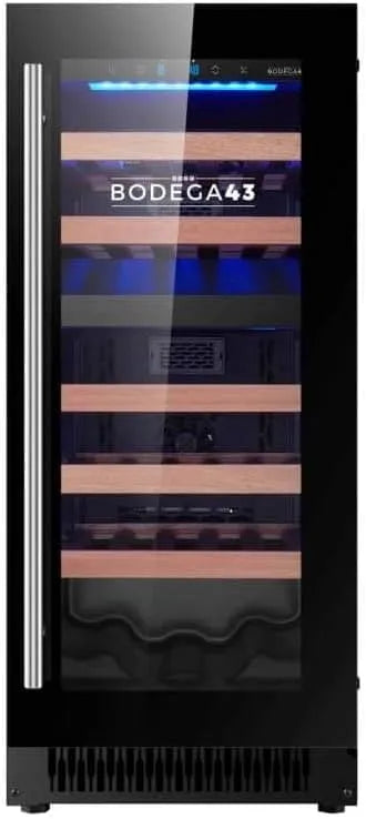 Weinkühlschrank BODEGA43-28, 74 L, 28 Flaschen, 39 dB, Glas, schmal, Einbau, freistehend, leise, 2 Zonen, 5 Regaleinschübe, 74 Liter, Geräuscharm