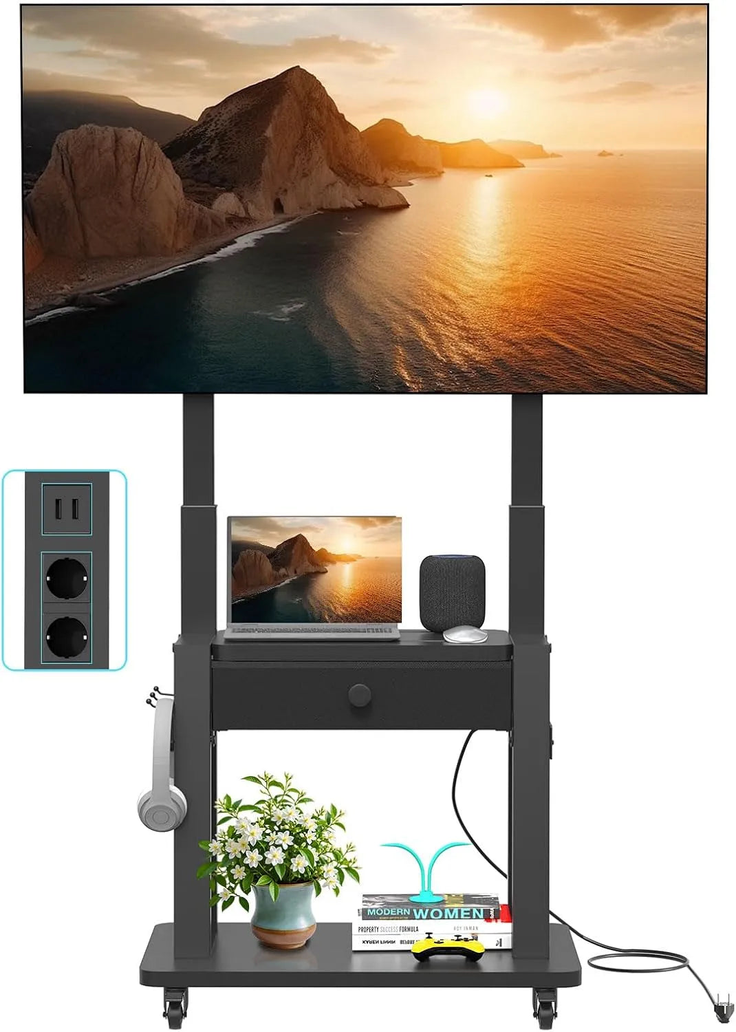 TV-Möbel, 75 Zoll, 600 x 400mm, Schwarz, höhenverstellbar, Rollbarer TV-Ständer mit Steckdose und Stoffschublade für 32-75' Flach, Curved TV bis 100kg
