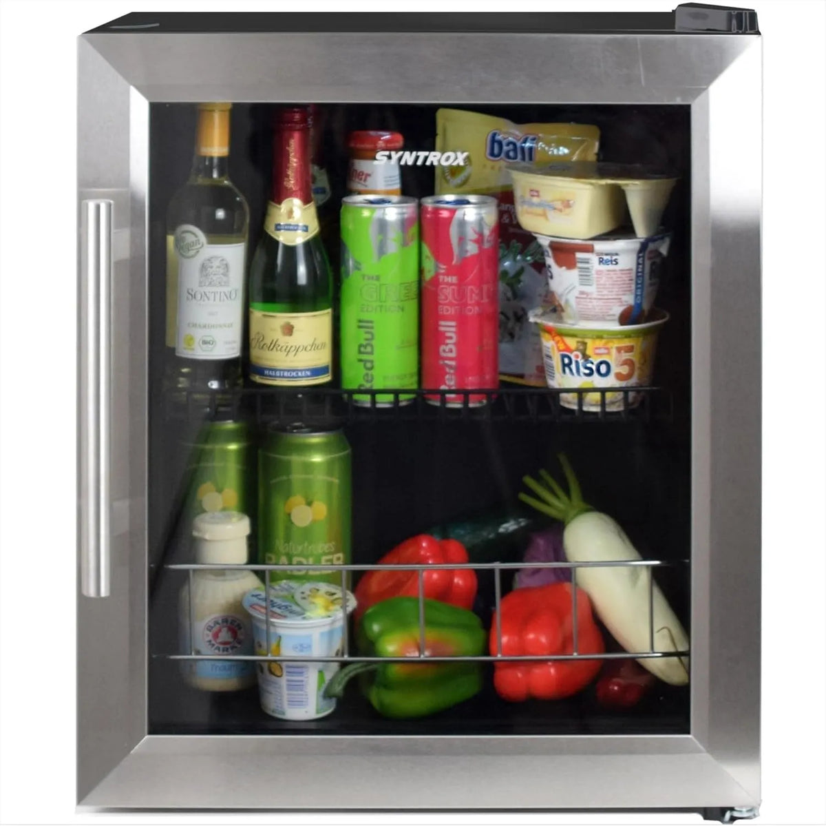 Kühlschrank, 46 L, Glas, Edelstahl, Syntrox Germany 46 l Edelstahl Mini Kühlschrank mit Glastür Capellas