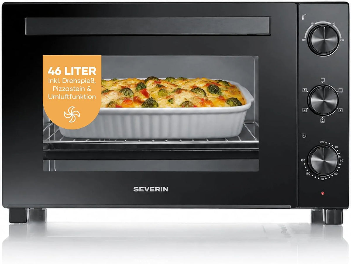Severin Backofen, 46 L, 1800 W, Timer, Schwarz, 100-230 Grad Celsius, TO 9025, Aufbackofen, Severin Back- und Toastofen mit Umluftfunktion
