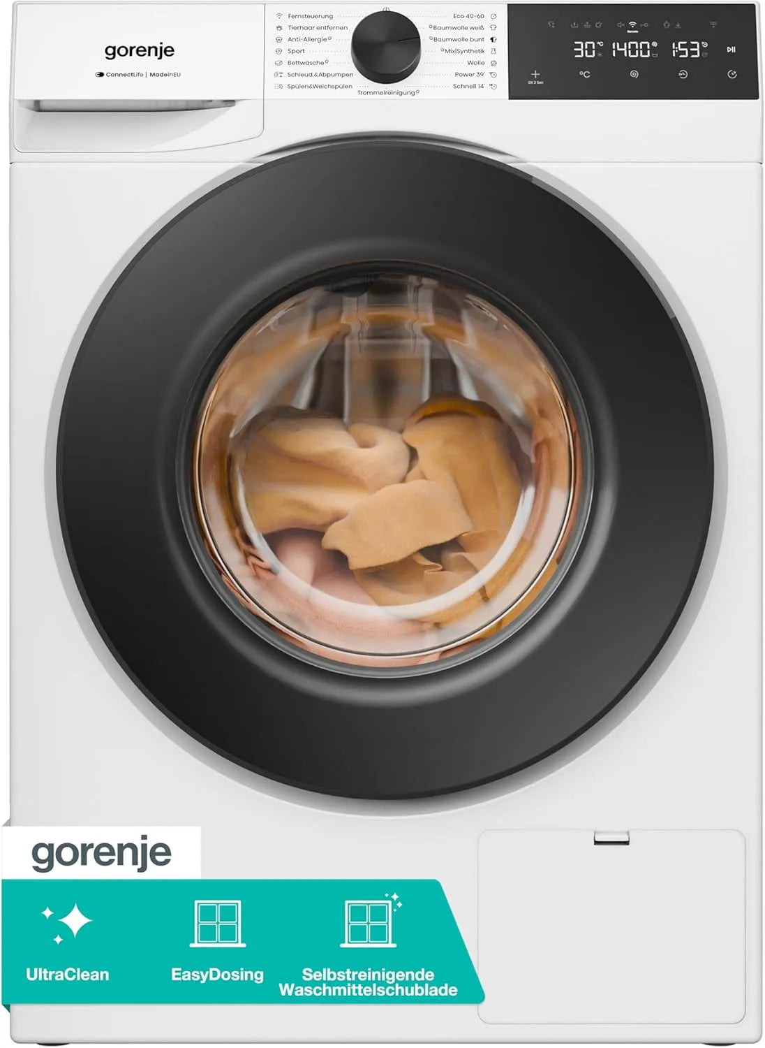 Gorenje WGAM494A Waschmaschine, 15 Programme, 9 kg, Energieklasse A, Inverter, Dampf, aquaStop, Weiß, 1400 U-Min, 10% besser als, SteamTech