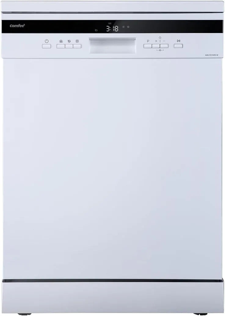 Geschirrspüler, 44 dB, COMFEE' FD1435E-x, freistehend, Weiß, großes LED-Display, flexible Halterungen, Großformat, Startzeitvorwahl, halbe Beladung
