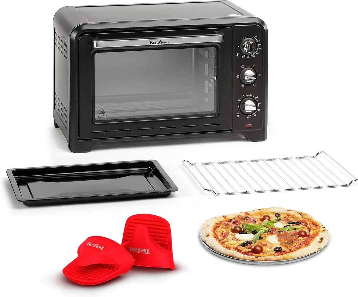 Moulinex Ox464811 Backofen, 33 L, Timer, Thermostat, Schwarz, Topflappen aus Silikon, 6 Kochmodi, Umluft, Spitzenkonvektion, Wendegitter, Optimo