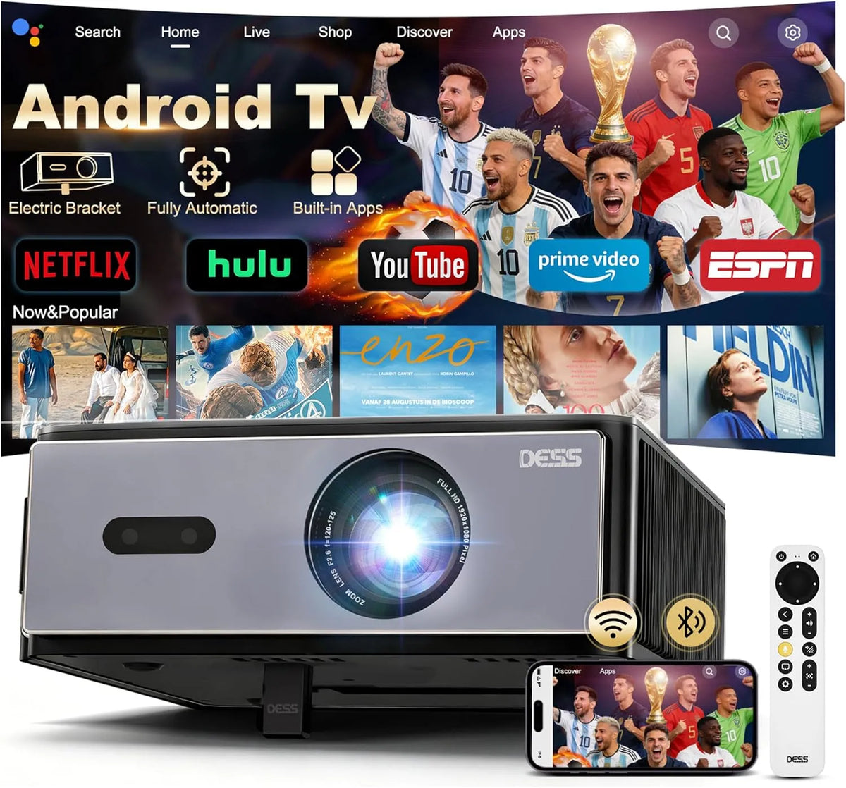 Smart TV 1080P, Fernseher, 4K UHD, Outdoor, WLAN, Bluetooth, DESS C4 Pro 4K Beamer Tageslicht Tauglich, Wi-Fi 6, 1080P Nativ, LED, Autofokus