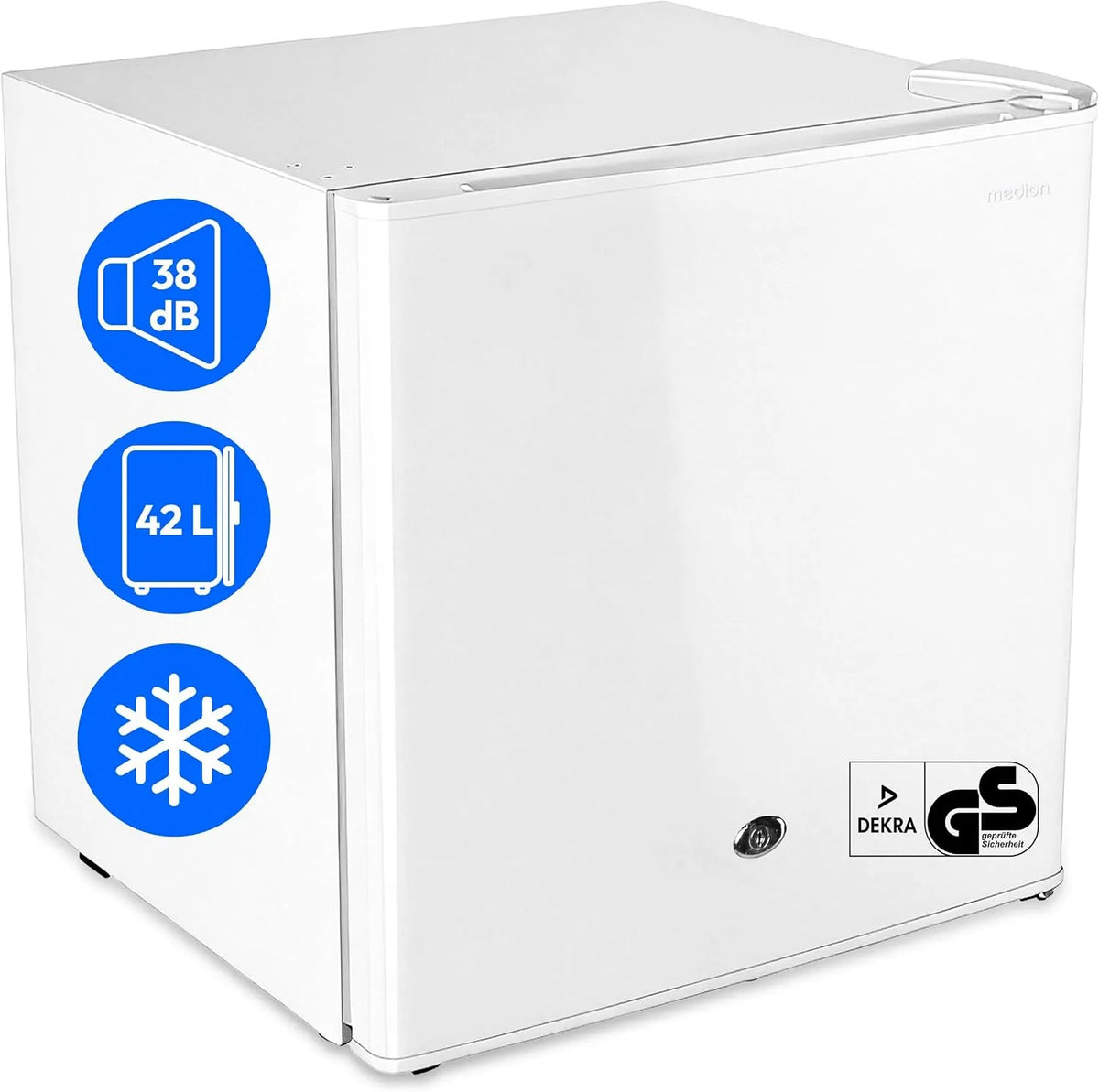 Kühlschrank, 42 L, leise, Camping, Weiß, Türanschlag wechselbar, MD 370001, abschließbar, klein, Speisen & Eis