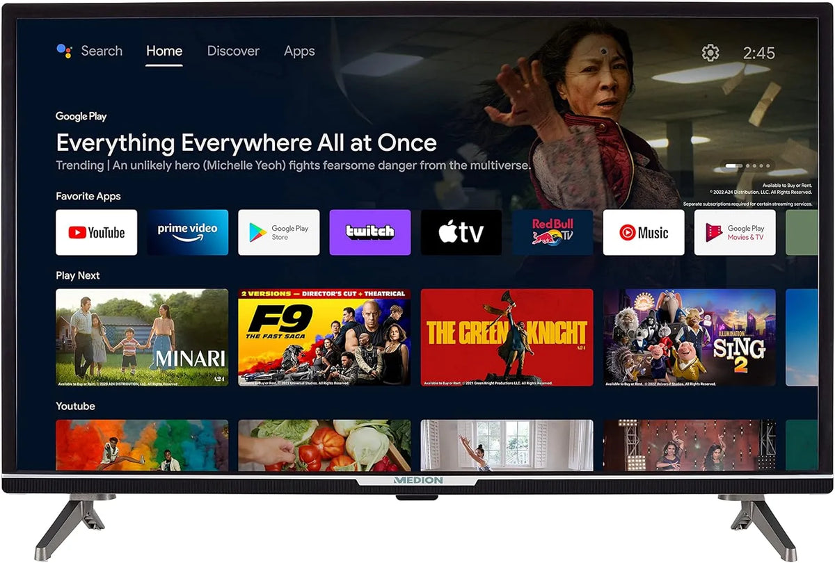 Google P13299 1080p Smart TV, 32 Zoll, Fernseher, HDR, Bluetooth, Android OS, Full HD, PVR-Aufnahme, MD 30050, 80 cm, MEDION, Netflix, Prime Video